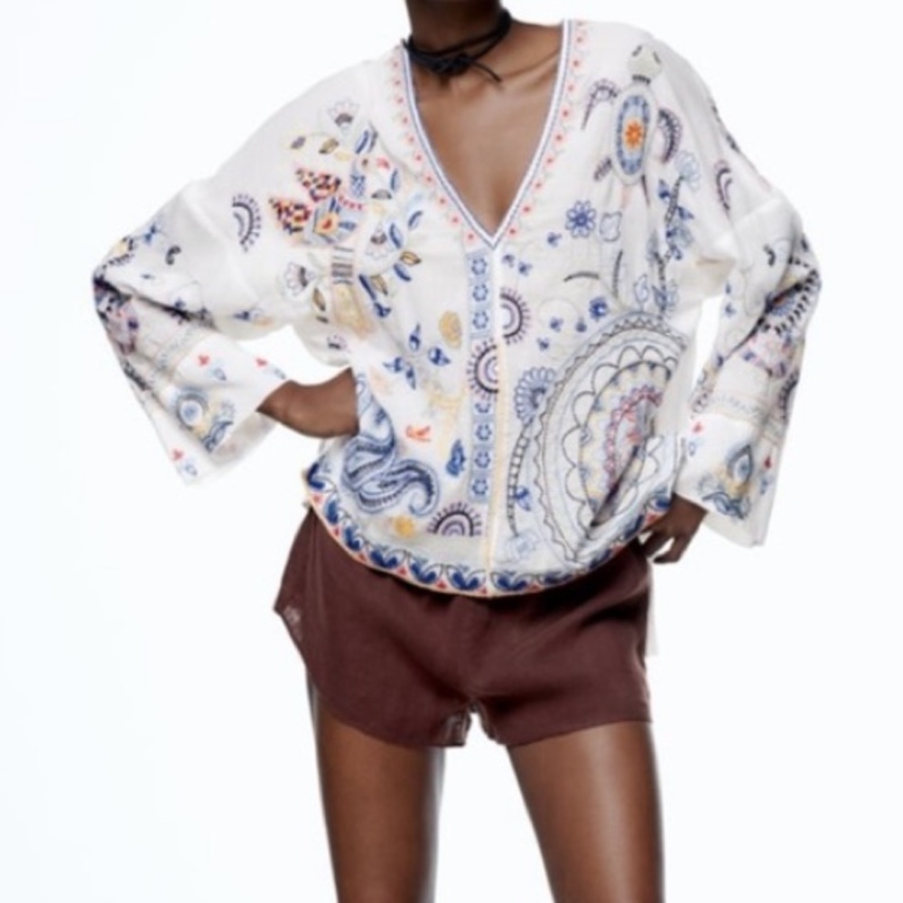Zara Embroidered Floral‎ Fish Turtle Bird V-Neck Blouse Oyster White Small